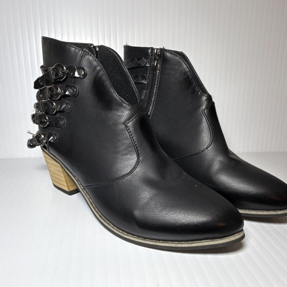Black Faux Leather Ankle Bootie Almond Toe Side Zip Buckle Strap Women's 8.5